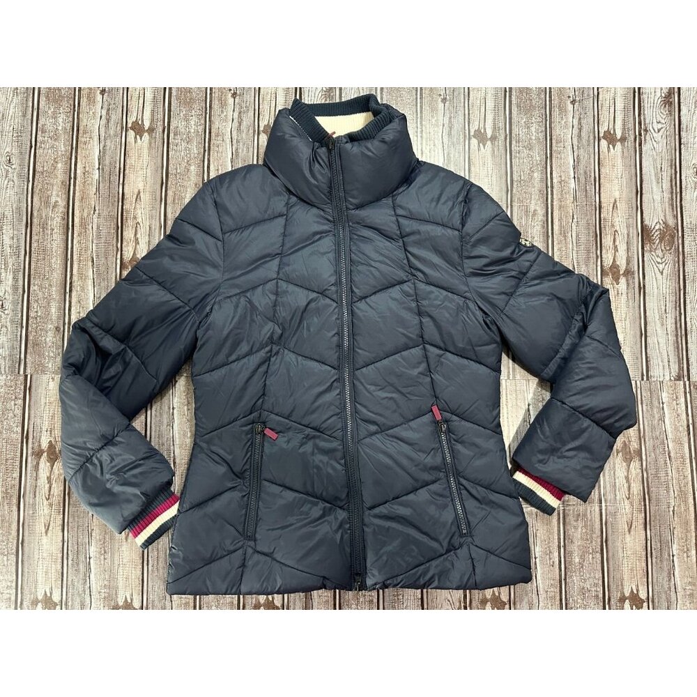 Barbour Navy Quilted Puffer Jacket with Striped Cuff Detail